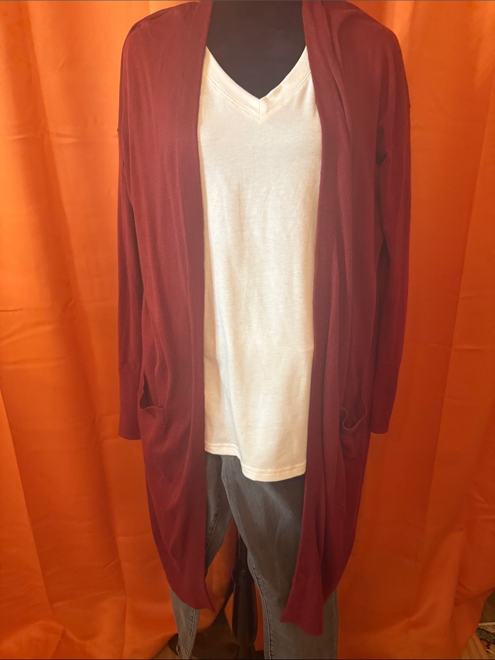 Halogen Burgundy Open-Front Long Cardigan
